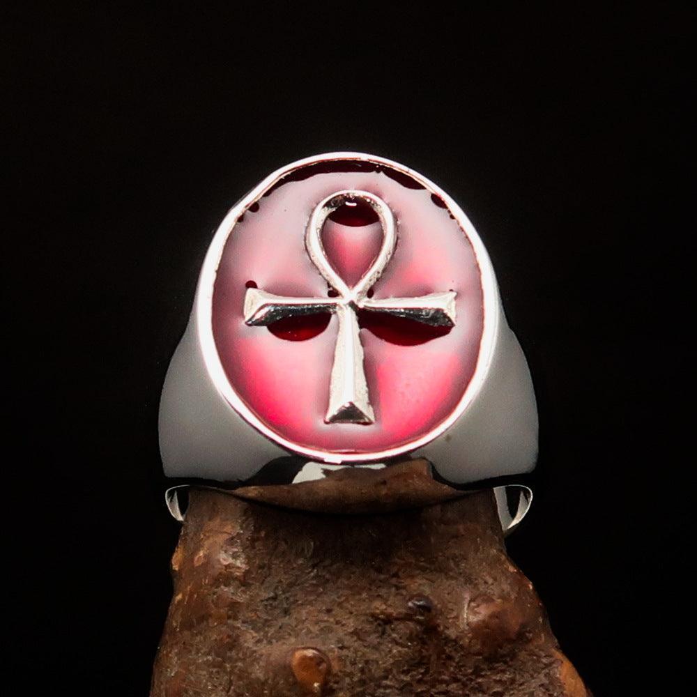 Red oval shaped Egyptian Ankh Cross Men's Ring - Sterling Silver - BikeRing4u