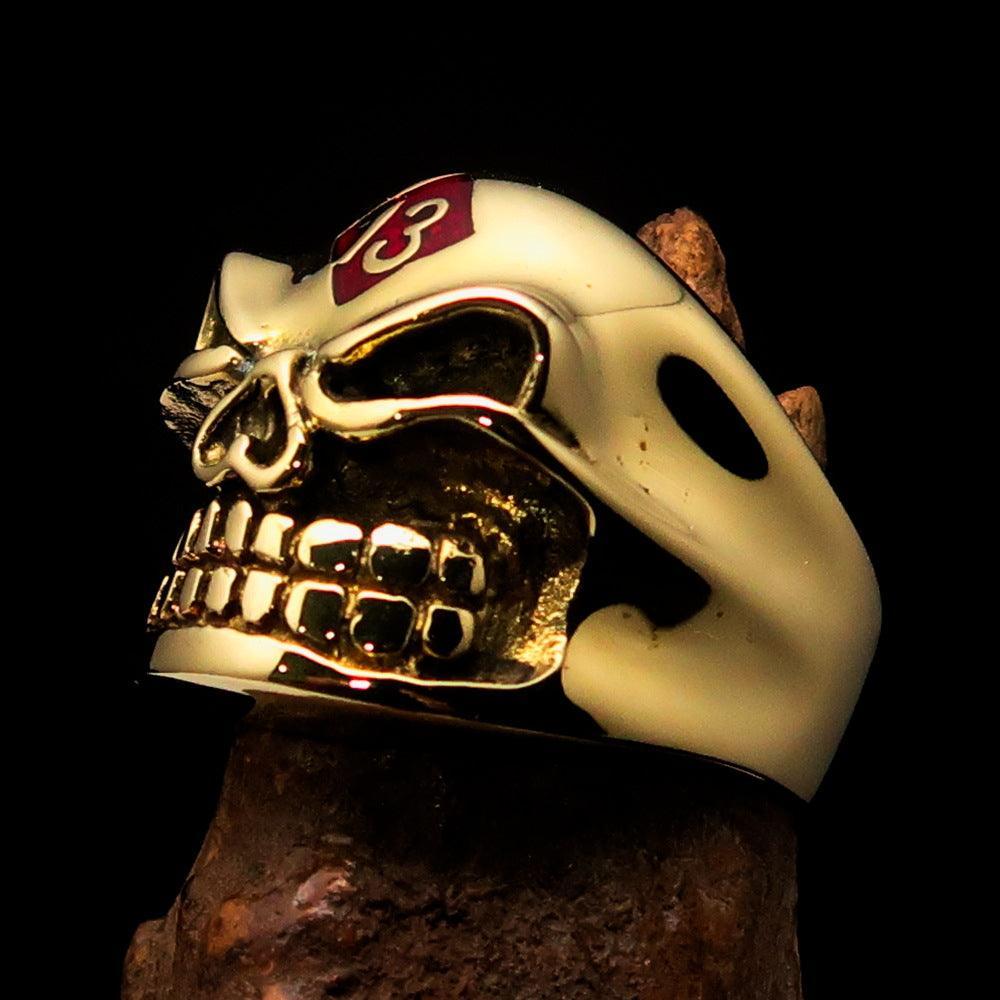 Excellent Crafted Men's red Number 13 Gnome Skull Ring - solid Brass - BikeRing4u