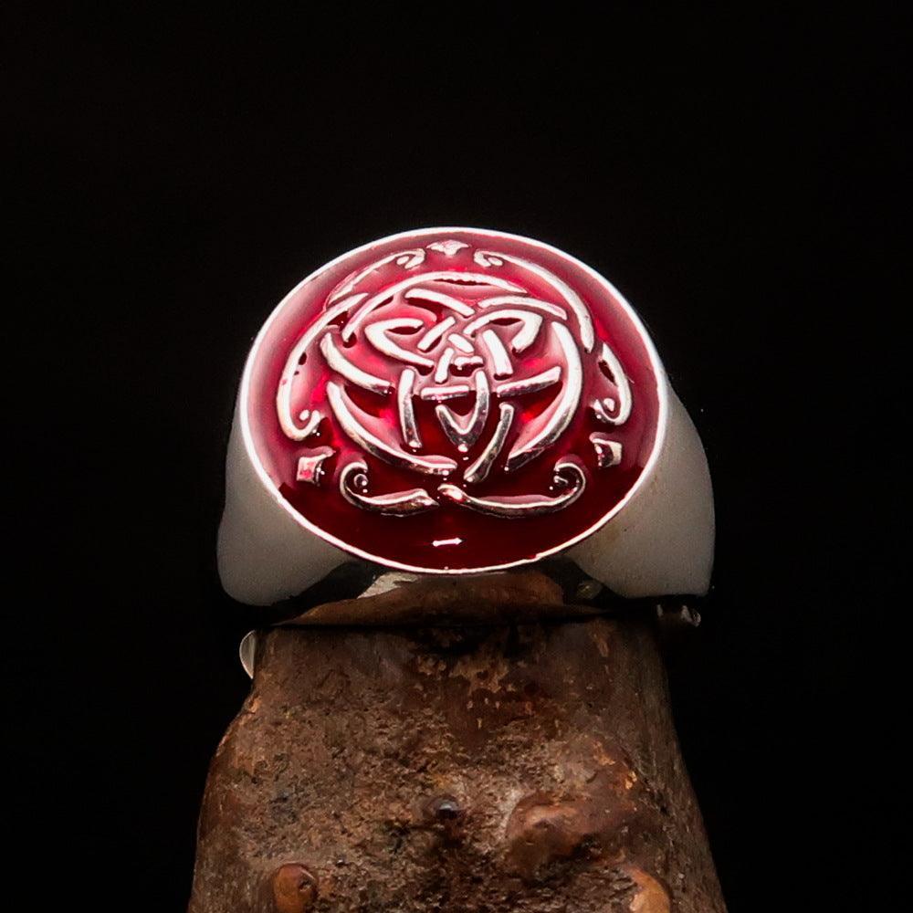 Excellent domed Men's Ring red Celtic Triquetra Knot - Sterling Silver - BikeRing4u