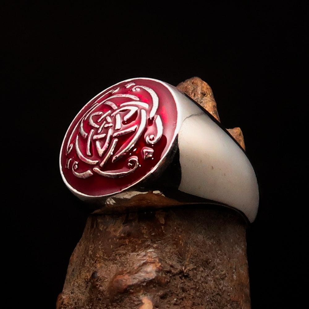 Excellent domed Men's Ring red Celtic Triquetra Knot - Sterling Silver - BikeRing4u