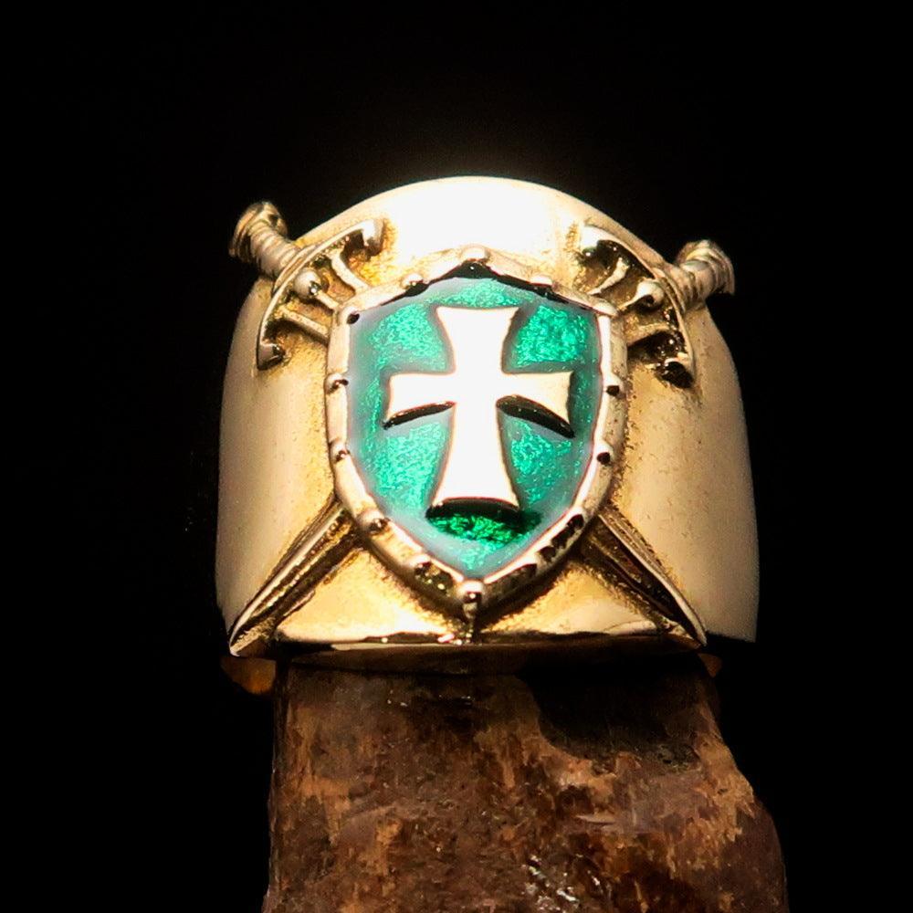 Crossed Swords Men's Knights Templar green Cross Ring - solid Brass - BikeRing4u