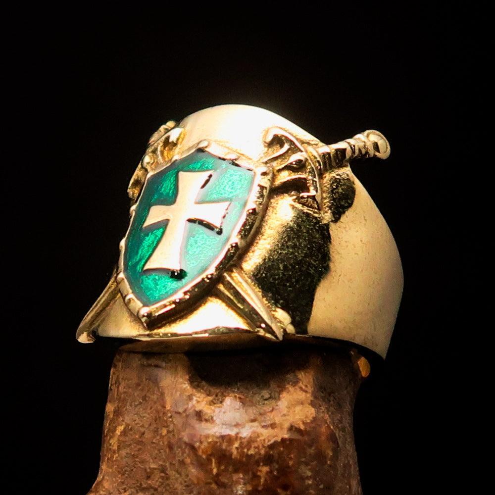 Crossed Swords Men's Knights Templar green Cross Ring - solid Brass - BikeRing4u