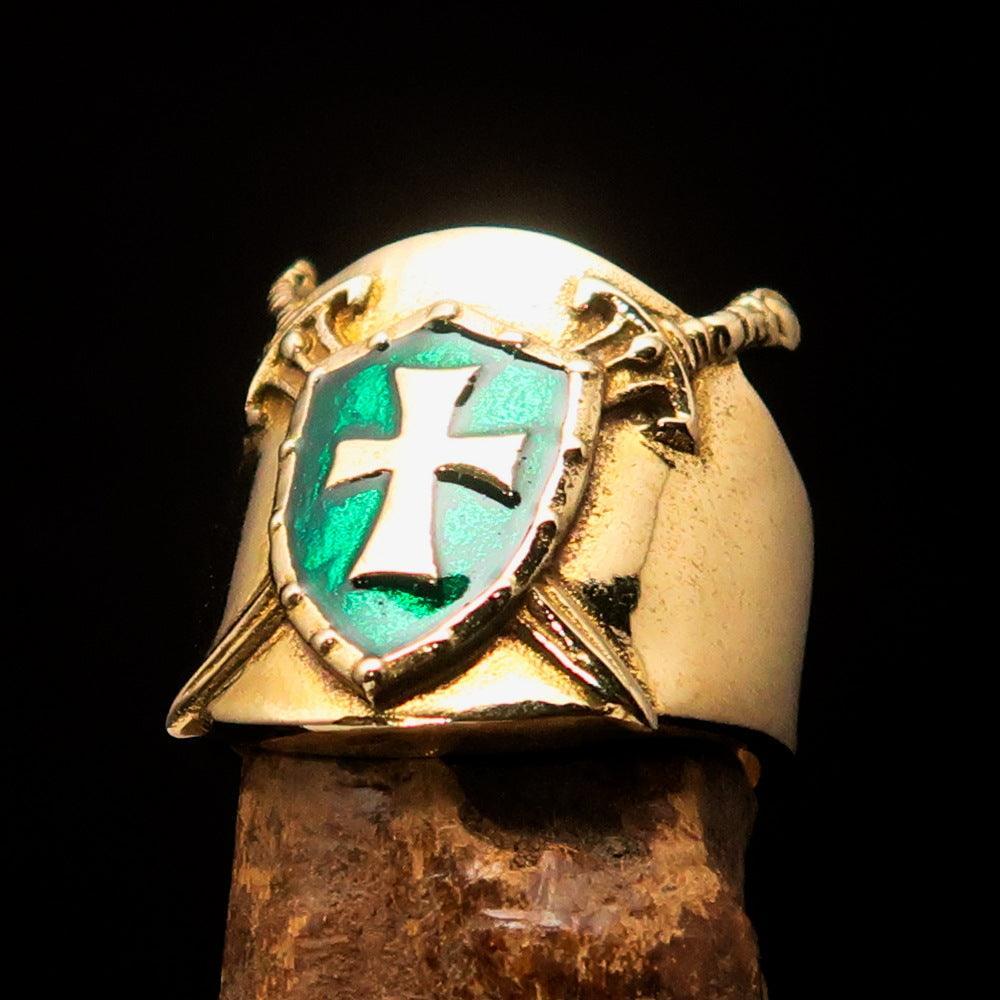 Crossed Swords Men's Knights Templar green Cross Ring - solid Brass - BikeRing4u