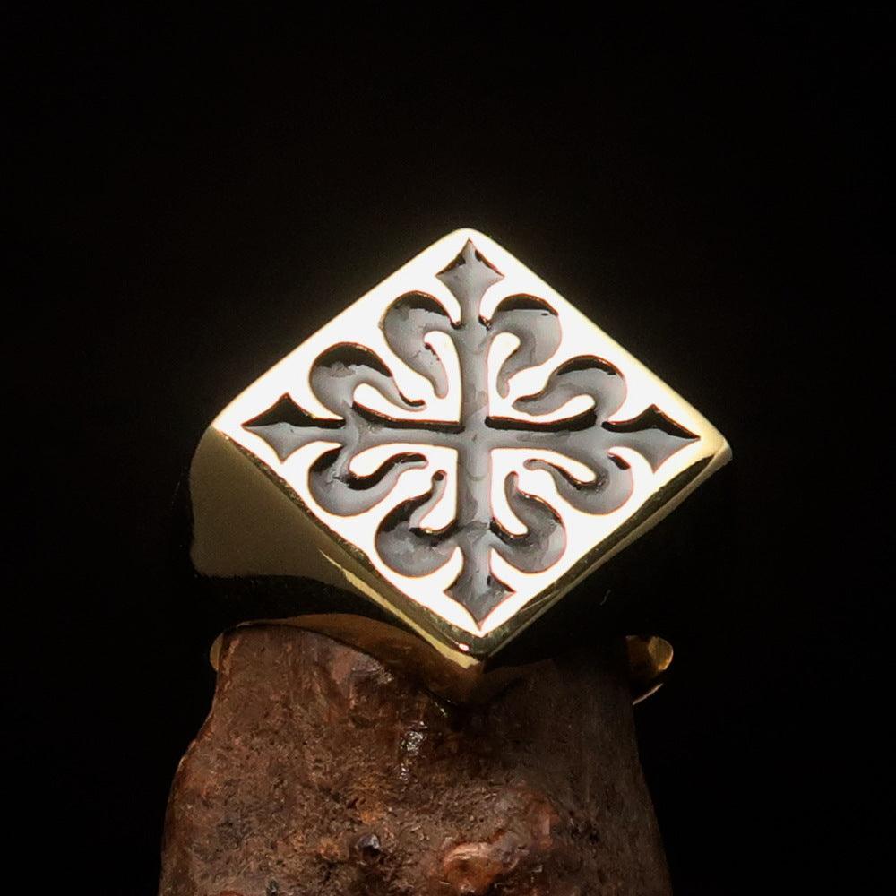 Excellent crafted Men's Black Fleur de Lis Cross Ring - solid Brass - BikeRing4u