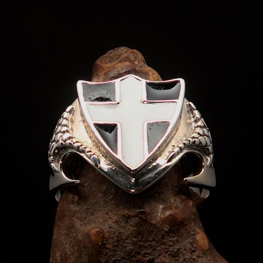 Men's Sterling Silver Shield Ring Flag of Cornwall white Cross on Black - BikeRing4u