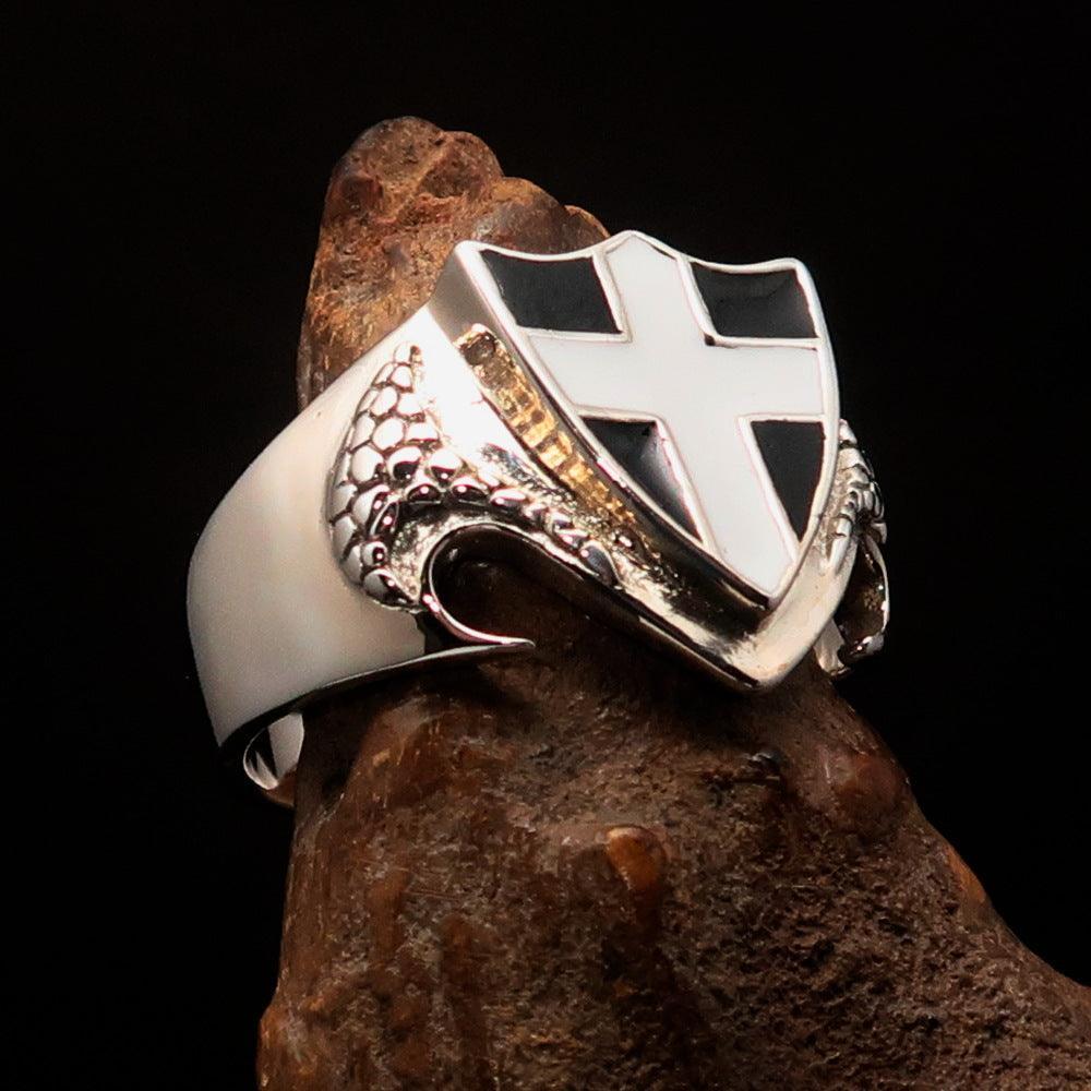 Men's Sterling Silver Shield Ring Flag of Cornwall white Cross on Black - BikeRing4u