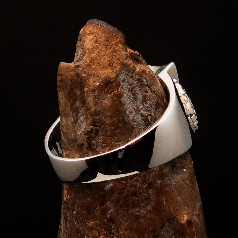 Men's Sterling Silver Shield Ring Flag of Cornwall white Cross on Black - BikeRing4u