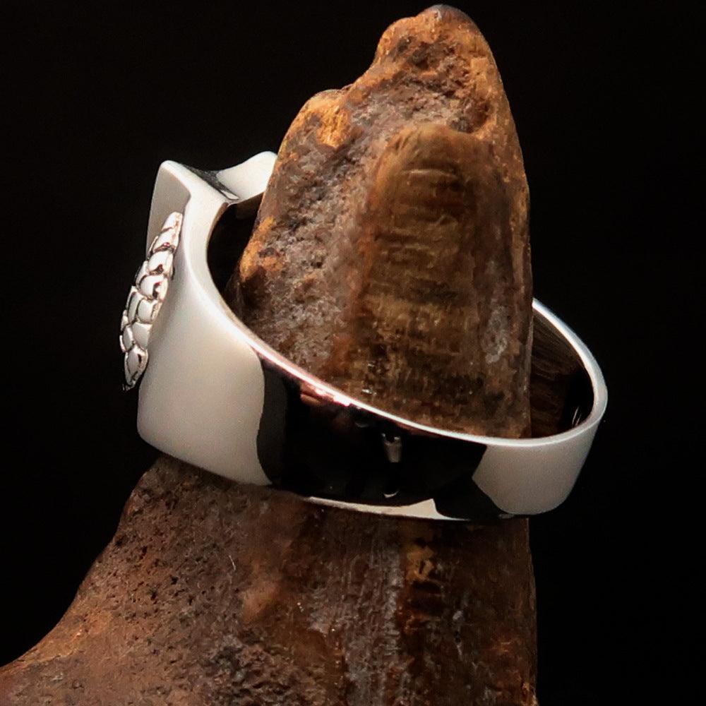 Men's Sterling Silver Shield Ring Flag of Cornwall white Cross on Black - BikeRing4u
