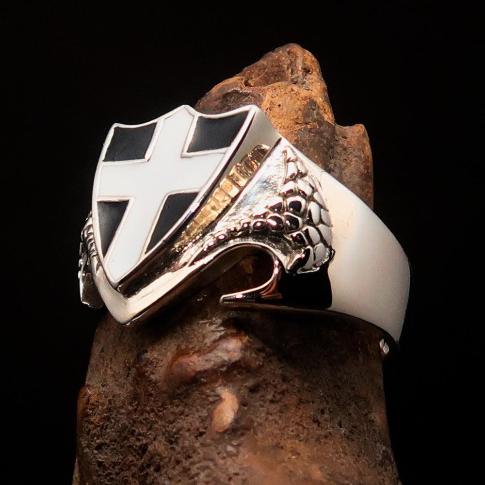 Men's Sterling Silver Shield Ring Flag of Cornwall white Cross on Black - BikeRing4u