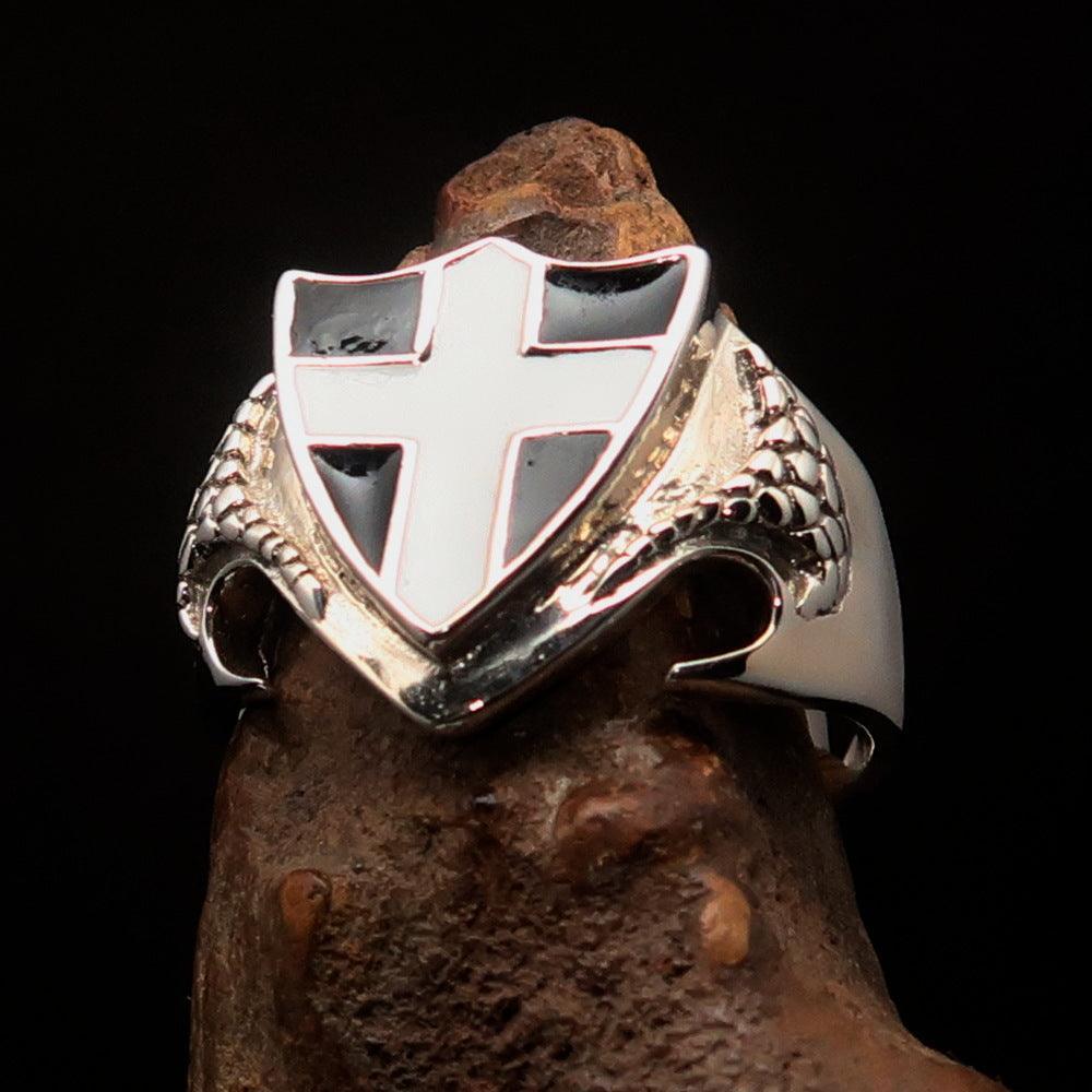 Men's Sterling Silver Shield Ring Flag of Cornwall white Cross on Black - BikeRing4u