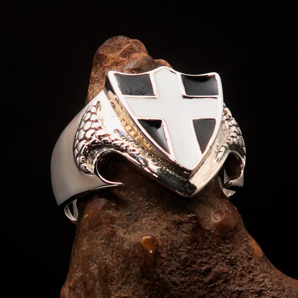 Men's Sterling Silver Shield Ring Flag of Cornwall white Cross on Black - BikeRing4u