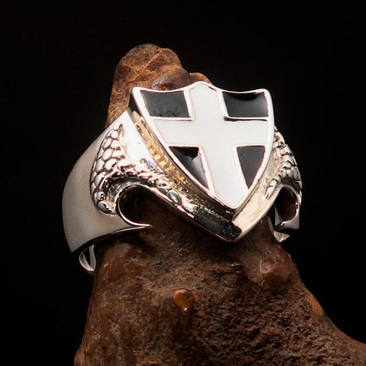 Men's Sterling Silver Shield Ring Flag of Cornwall white Cross on Black - BikeRing4u