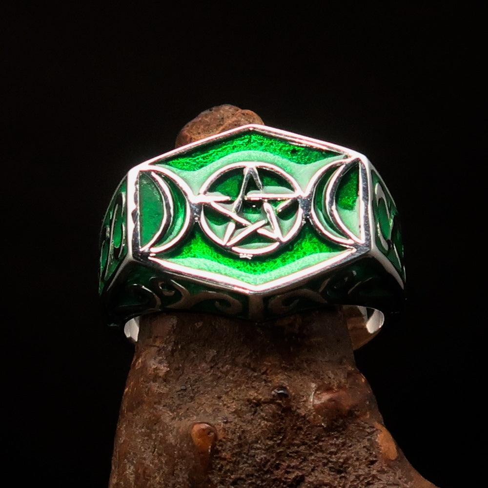 Men's Sterling Silver Ring green Crescent Moon Pentagram Star - BikeRing4u