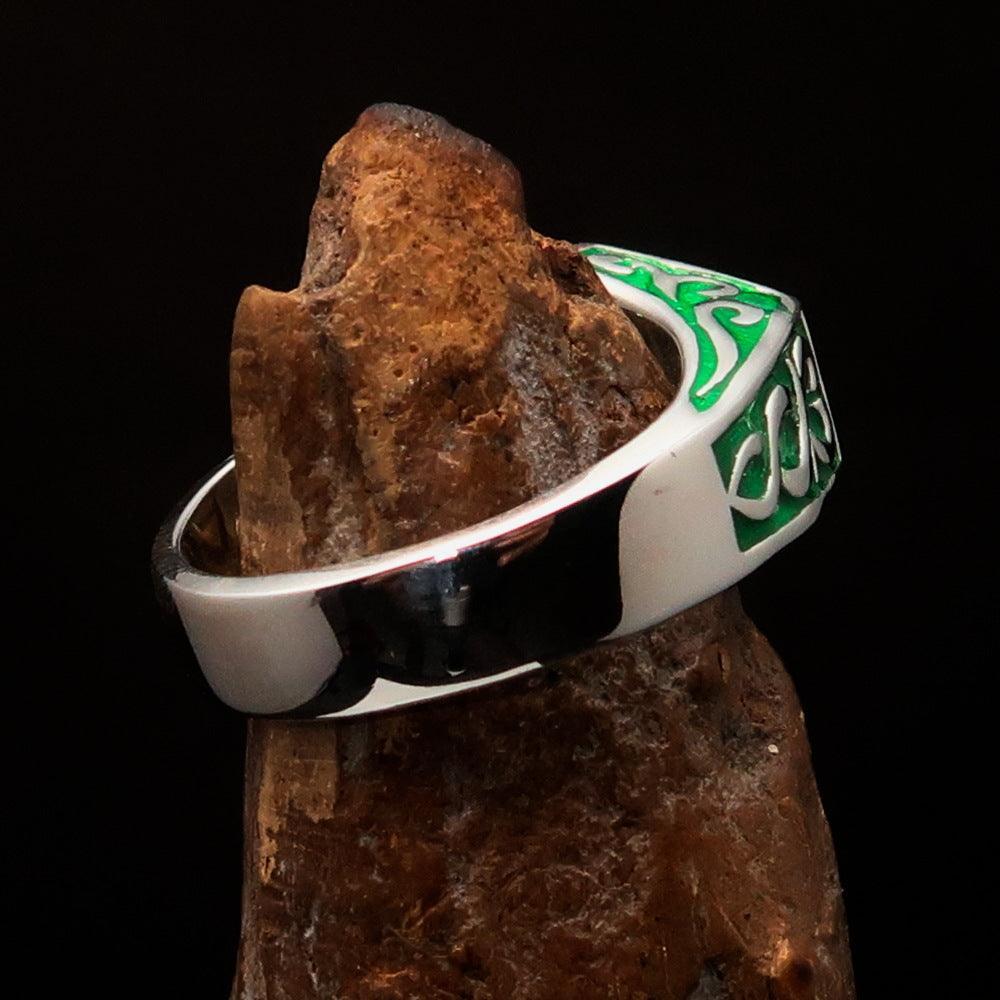Men's Sterling Silver Ring green Crescent Moon Pentagram Star - BikeRing4u