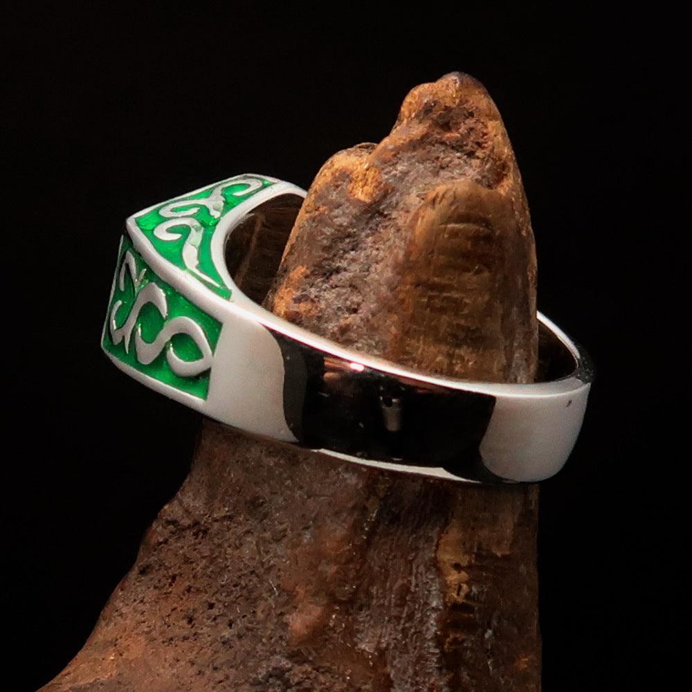 Men's Sterling Silver Ring green Crescent Moon Pentagram Star - BikeRing4u