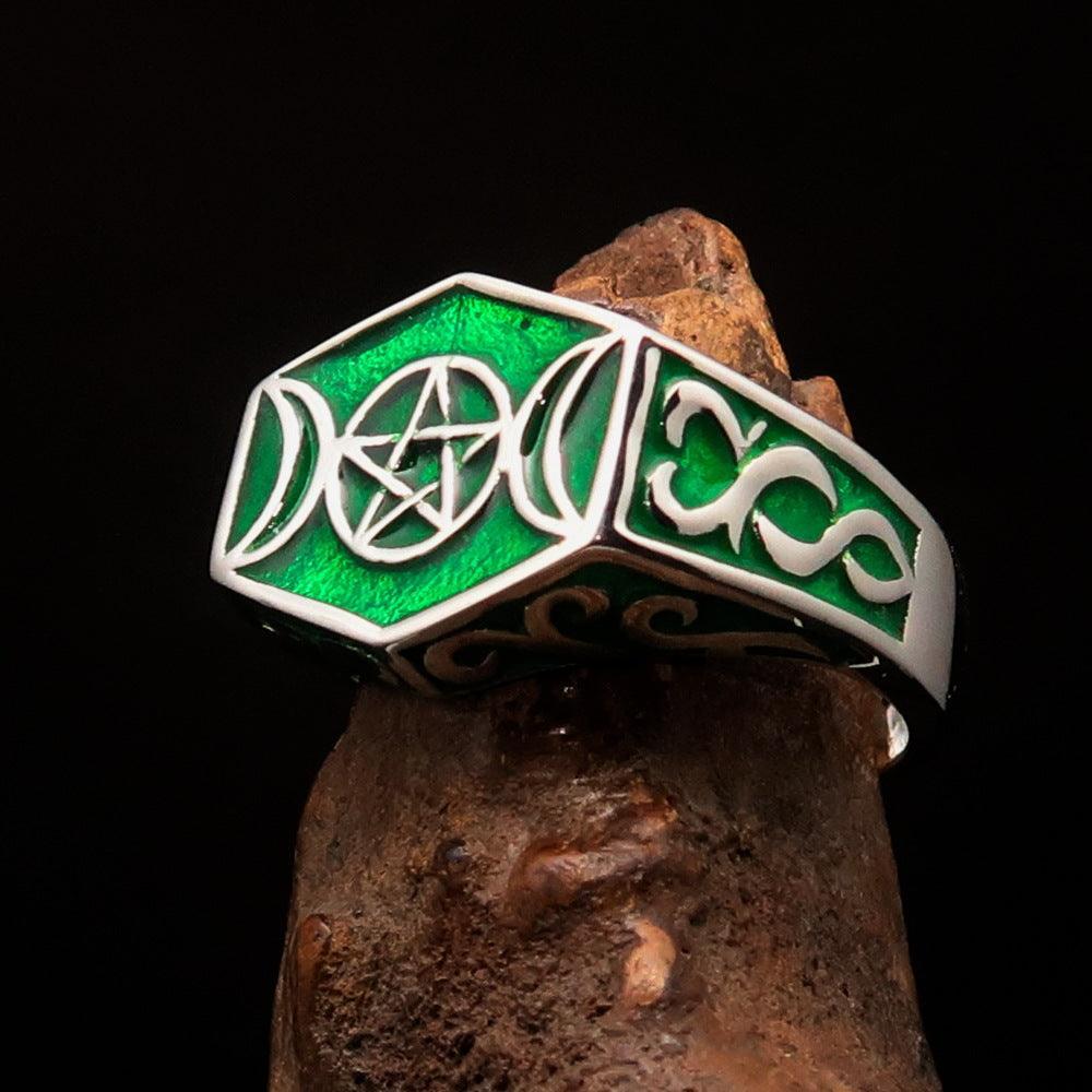 Men's Sterling Silver Ring green Crescent Moon Pentagram Star - BikeRing4u