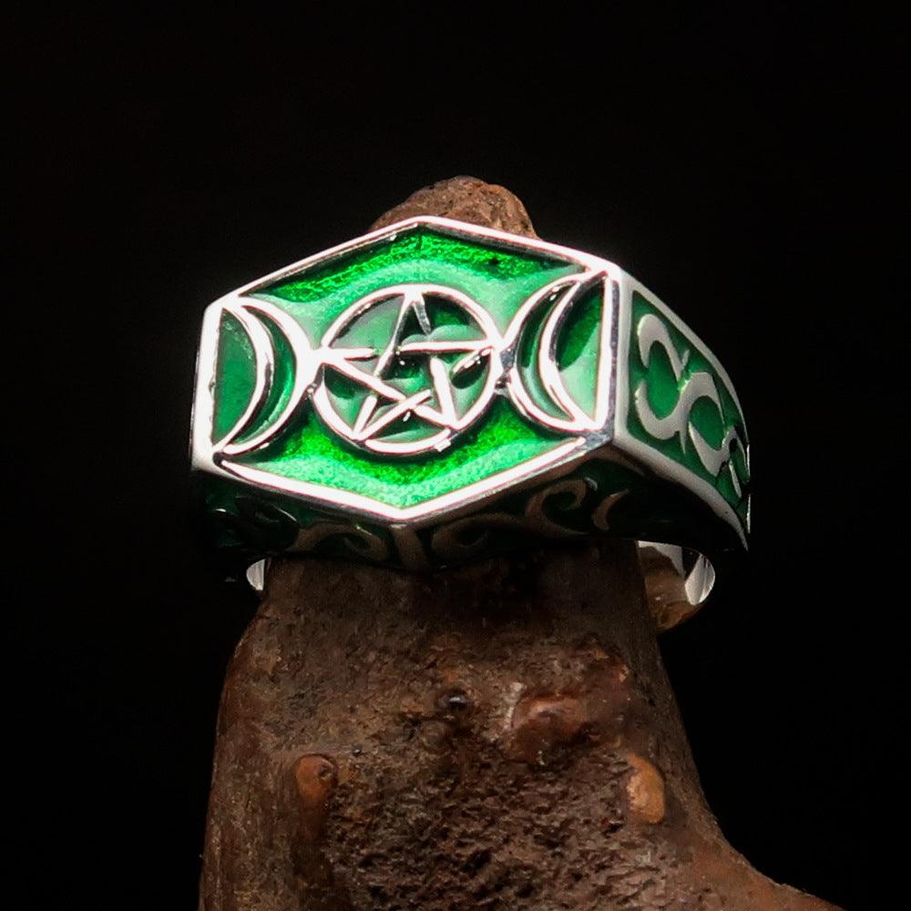 Men's Sterling Silver Ring green Crescent Moon Pentagram Star - BikeRing4u