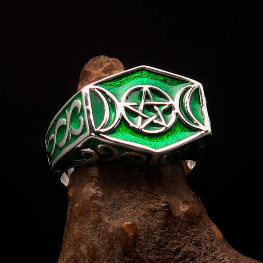Men's Sterling Silver Ring green Crescent Moon Pentagram Star - BikeRing4u