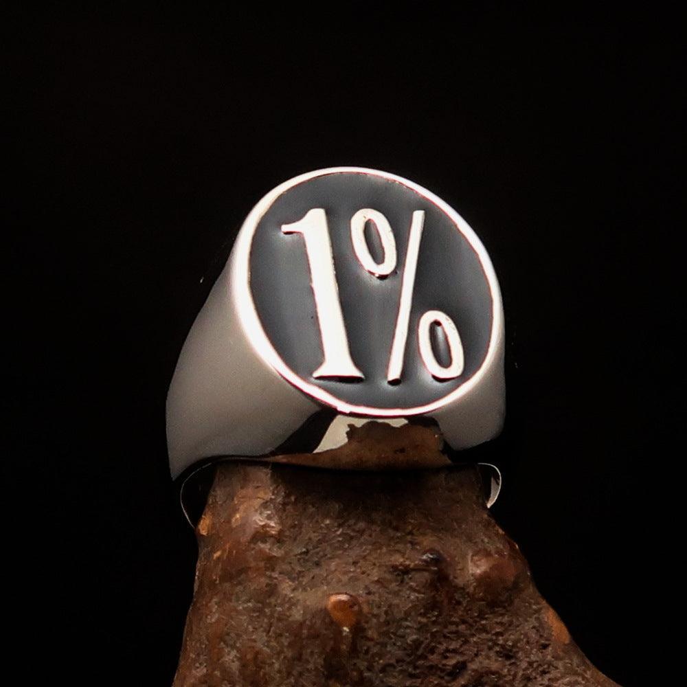 Nicely crafted Men's Outlaw Ring oval Black 1% Percent Symbol - Sterling Silver - BikeRing4u