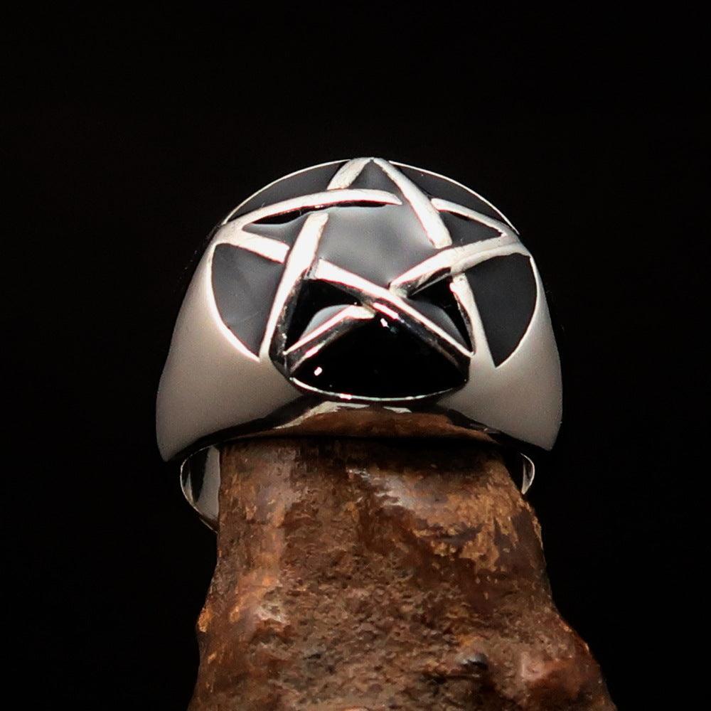 Excellent crafted Men's Pinky Ring domed Black Pentagram - Sterling Silver - BikeRing4u
