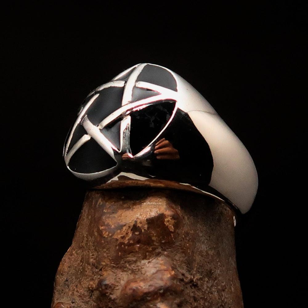 Excellent crafted Men's Pinky Ring domed Black Pentagram - Sterling Silver - BikeRing4u