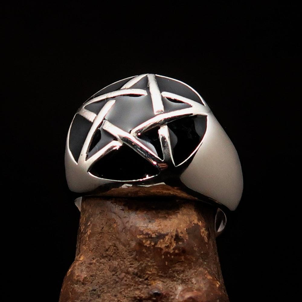 Excellent crafted Men's Pinky Ring domed Black Pentagram - Sterling Silver - BikeRing4u