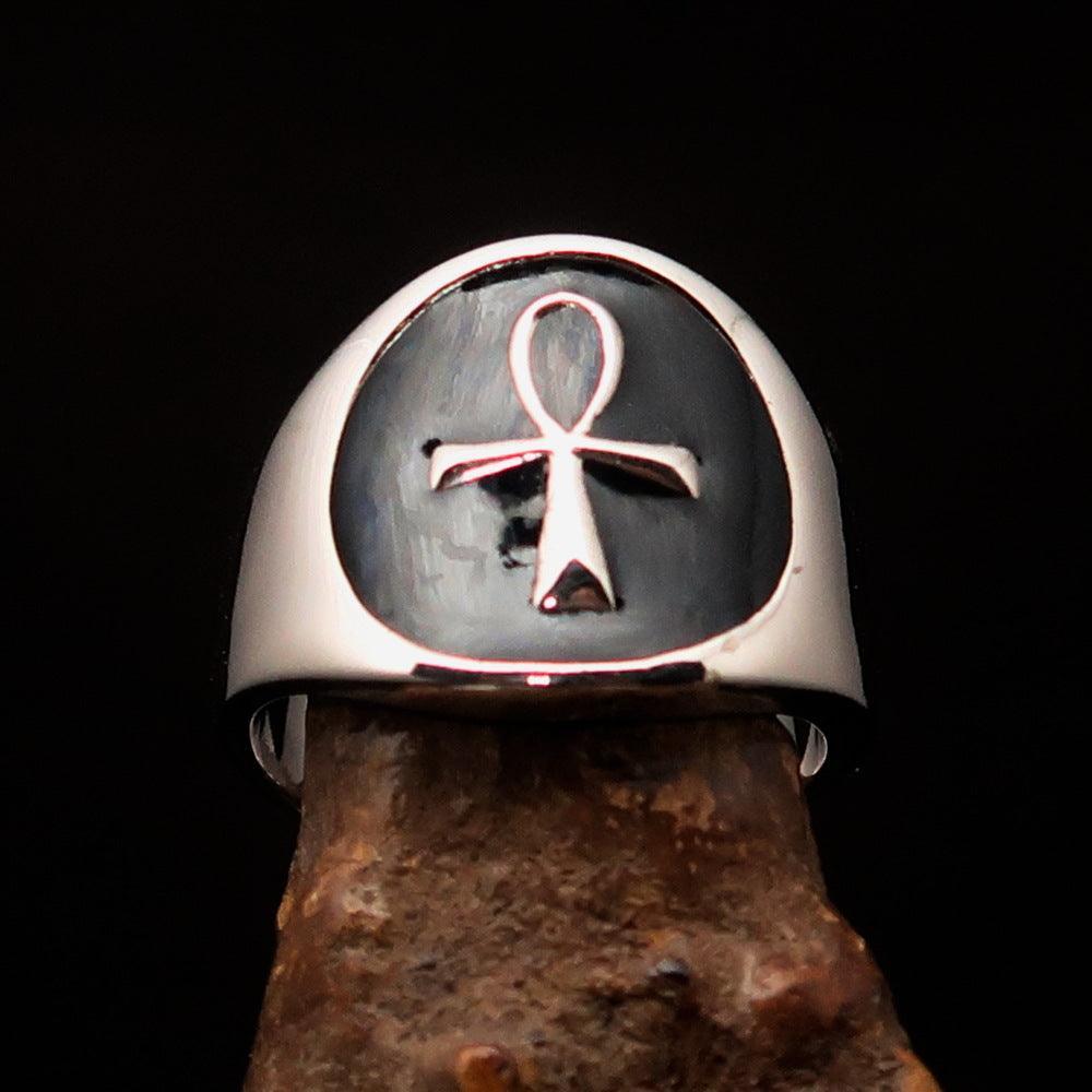 Excellent crafted Men's small black Egyptian Ankh Cross Ring - Sterling Silver - BikeRing4u
