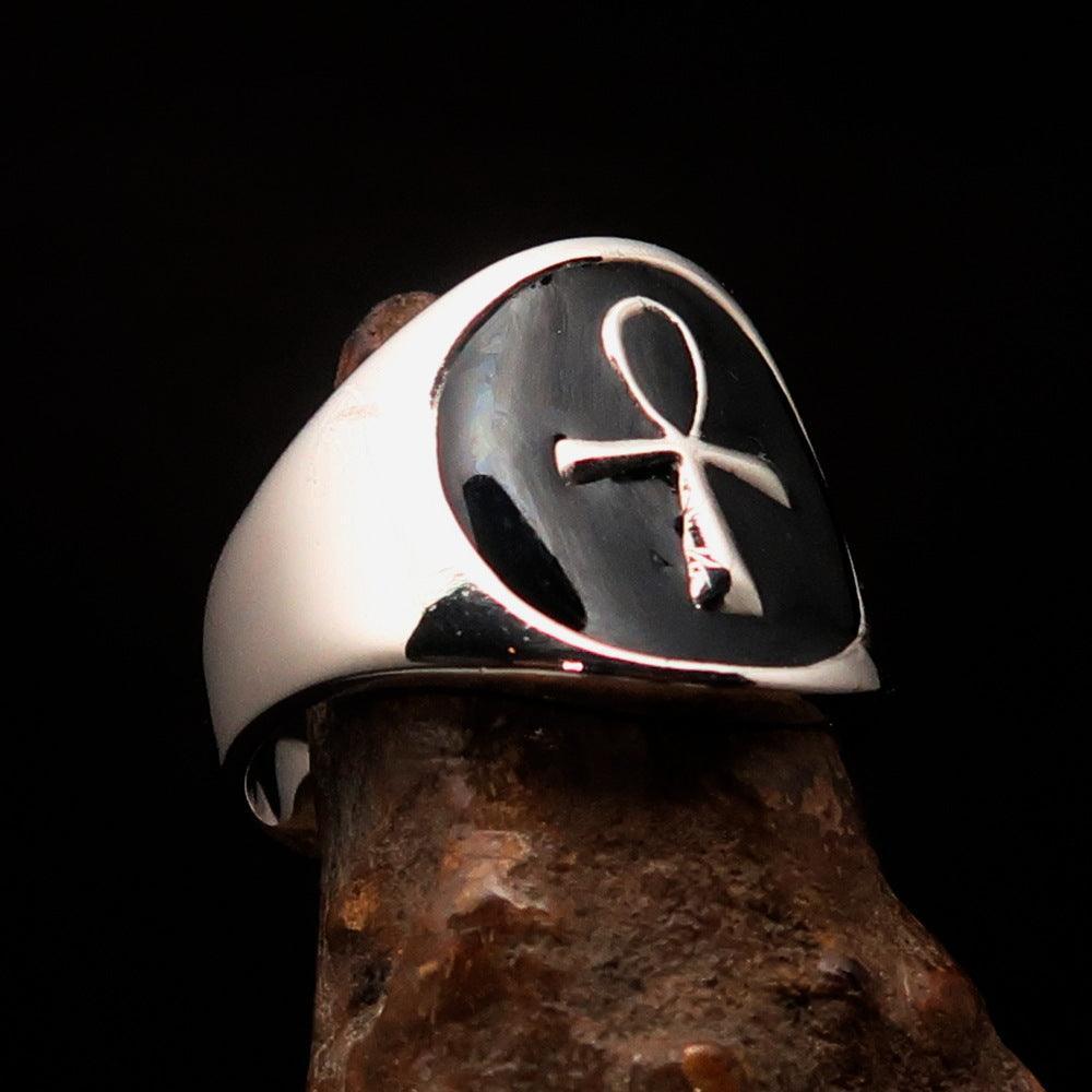 Excellent crafted Men's small black Egyptian Ankh Cross Ring - Sterling Silver - BikeRing4u
