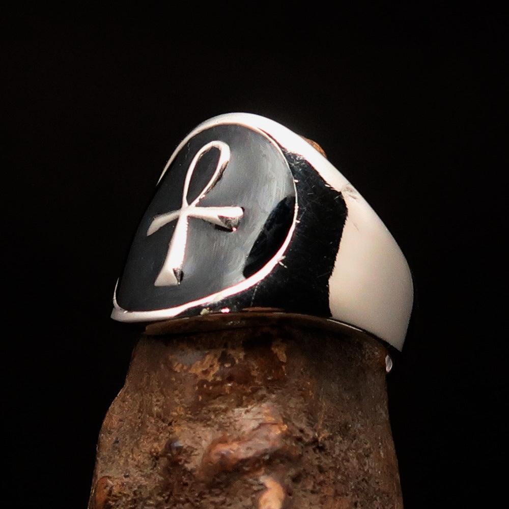 Excellent crafted Men's small black Egyptian Ankh Cross Ring - Sterling Silver - BikeRing4u