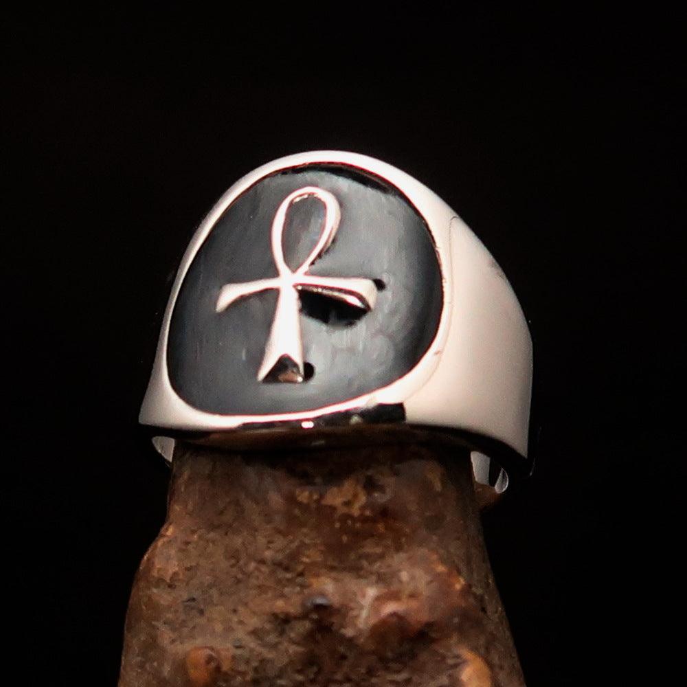 Excellent crafted Men's small black Egyptian Ankh Cross Ring - Sterling Silver - BikeRing4u