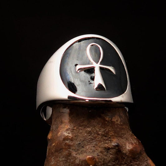 Excellent crafted Men's small black Egyptian Ankh Cross Ring - Sterling Silver - BikeRing4u
