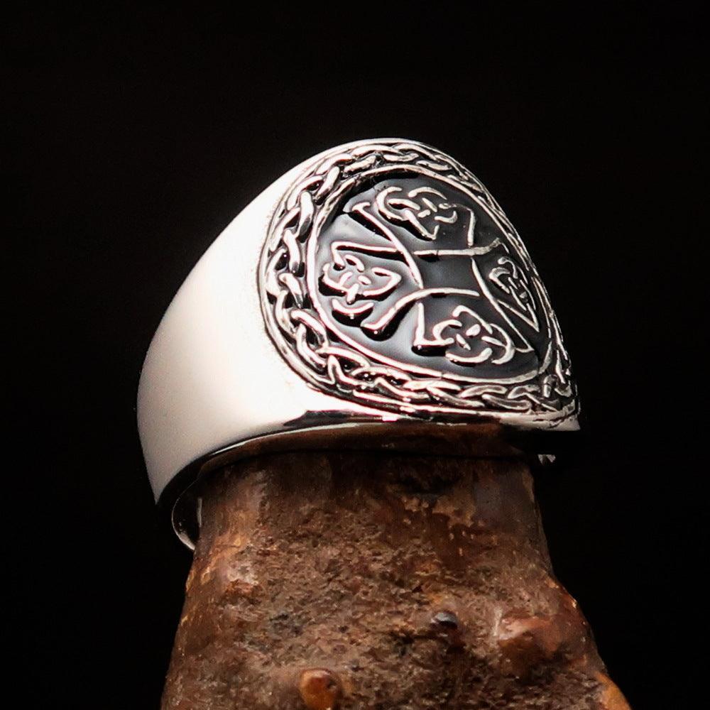 Excellent crafted ancient black Celtic Birgit's Cross Men's Ring - Sterling Silver - BikeRing4u