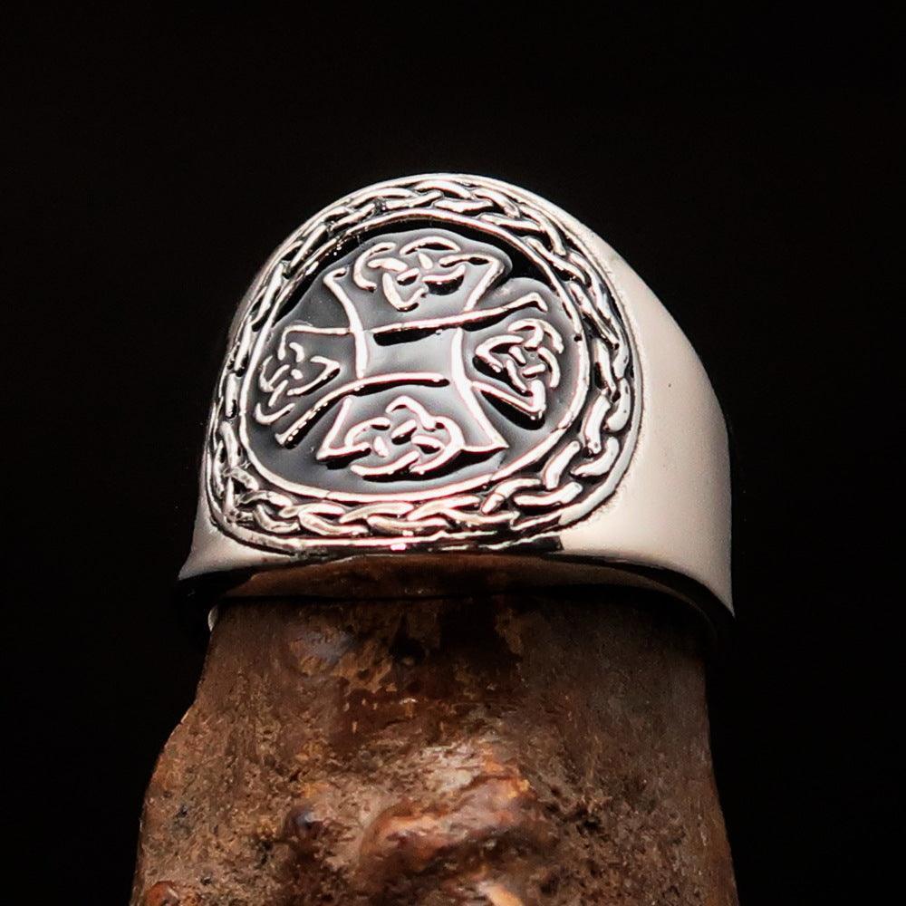 Excellent crafted ancient black Celtic Birgit's Cross Men's Ring - Sterling Silver - BikeRing4u