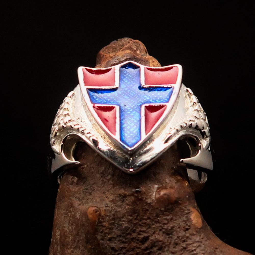 Men's Sterling Silver Shield Ring Flag of Norway blue Cross on Red - BikeRing4u