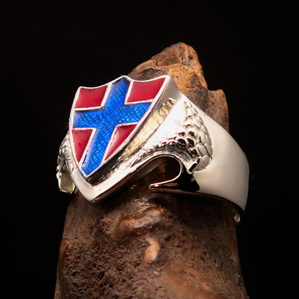 Men's Sterling Silver Shield Ring Flag of Norway blue Cross on Red - BikeRing4u
