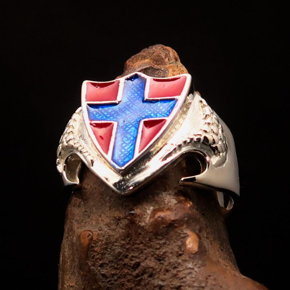Men's Sterling Silver Shield Ring Flag of Norway blue Cross on Red - BikeRing4u