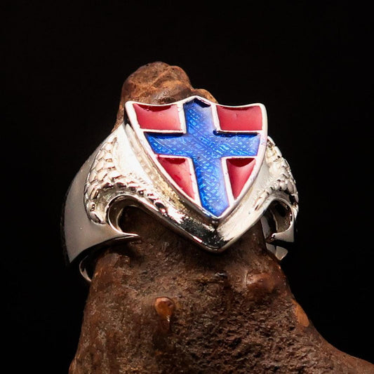 Men's Sterling Silver Shield Ring Flag of Norway blue Cross on Red - BikeRing4u