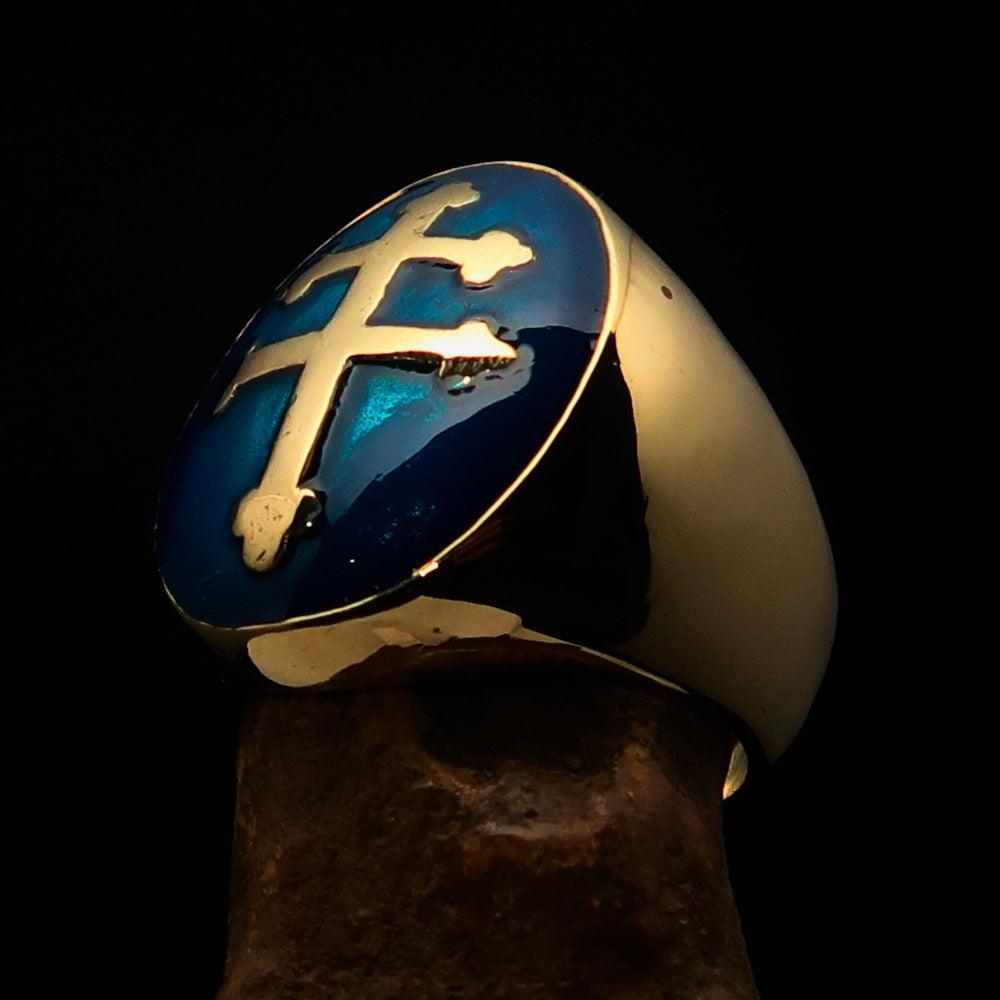 Excellent crafted oval domed Men's blue Cross Lorraine Ring - solid Brass - BikeRing4u