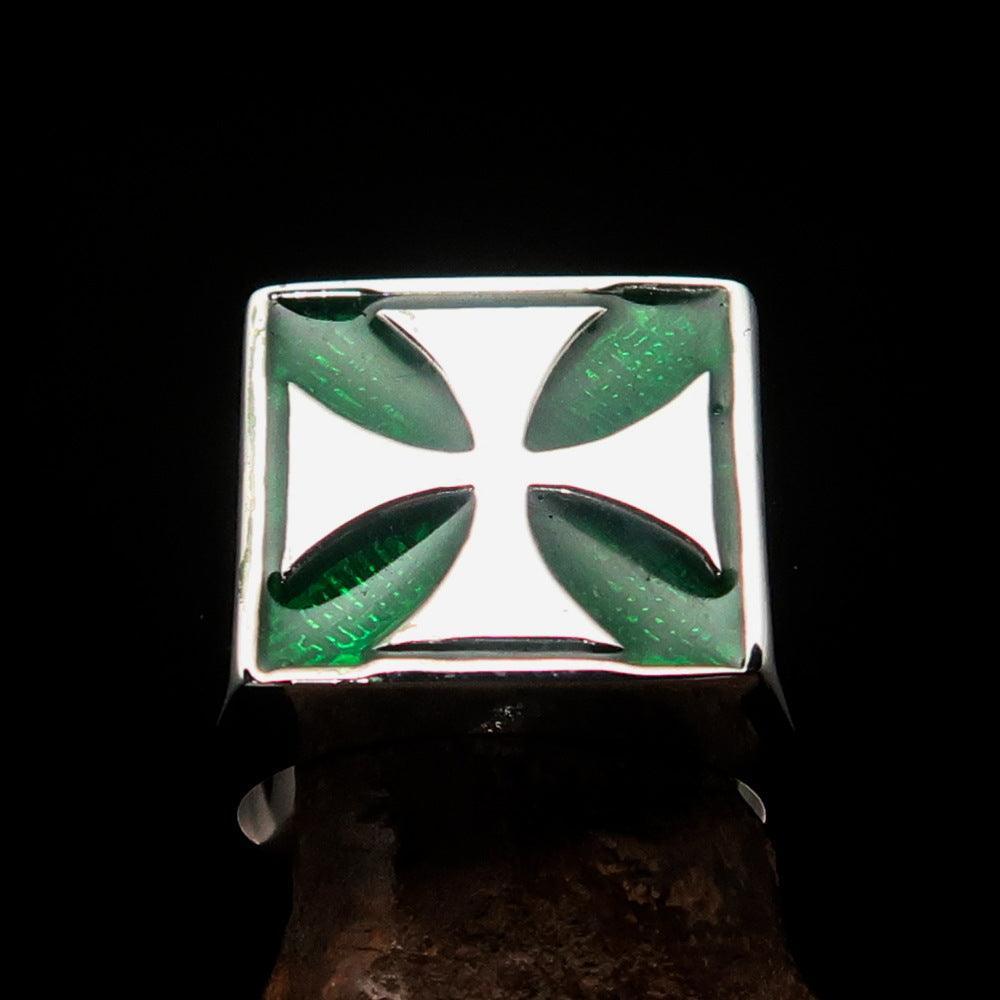 Perfectly crafted Men's Biker Ring green Iron Cross - Sterling Silver - BikeRing4u