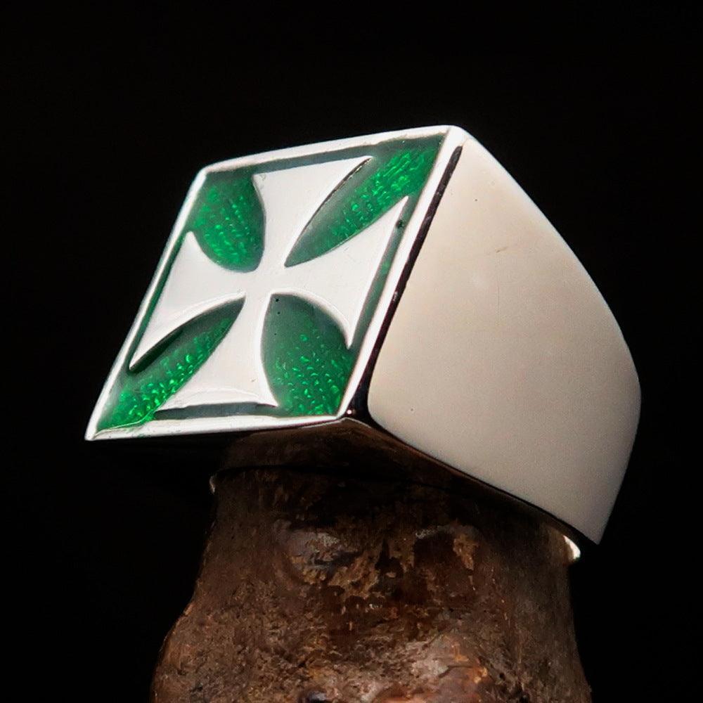 Perfectly crafted Men's Biker Ring green Iron Cross - Sterling Silver - BikeRing4u