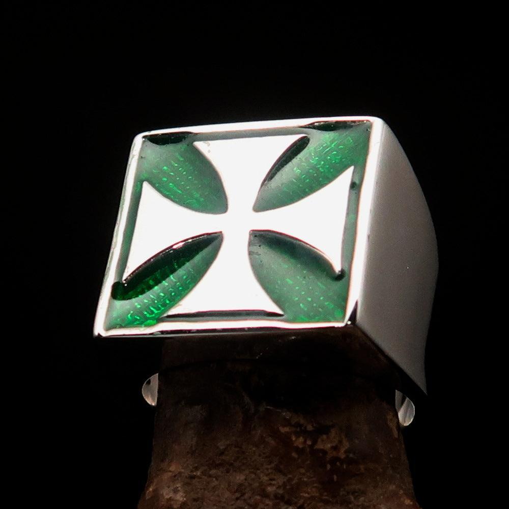 Perfectly crafted Men's Biker Ring green Iron Cross - Sterling Silver - BikeRing4u