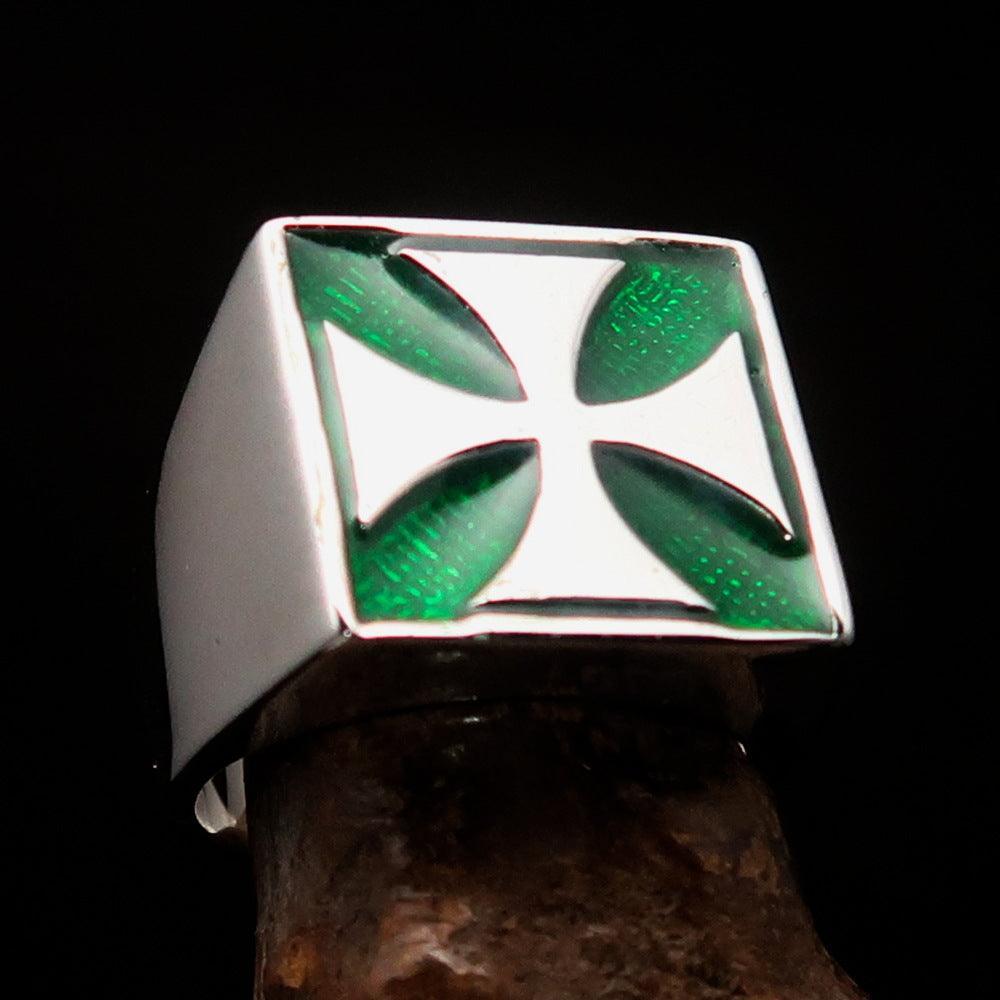Perfectly crafted Men's Biker Ring green Iron Cross - Sterling Silver - BikeRing4u
