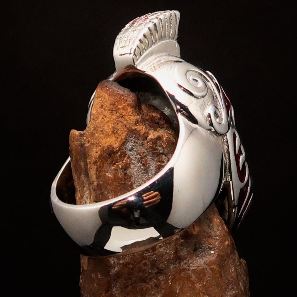 Excellent crafted Men's Skull Biker Ring red Roman Centurion - Sterling Silver - BikeRing4u