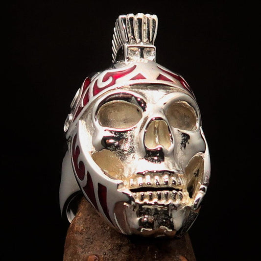 Excellent crafted Men's Skull Biker Ring red Roman Centurion - Sterling Silver - BikeRing4u