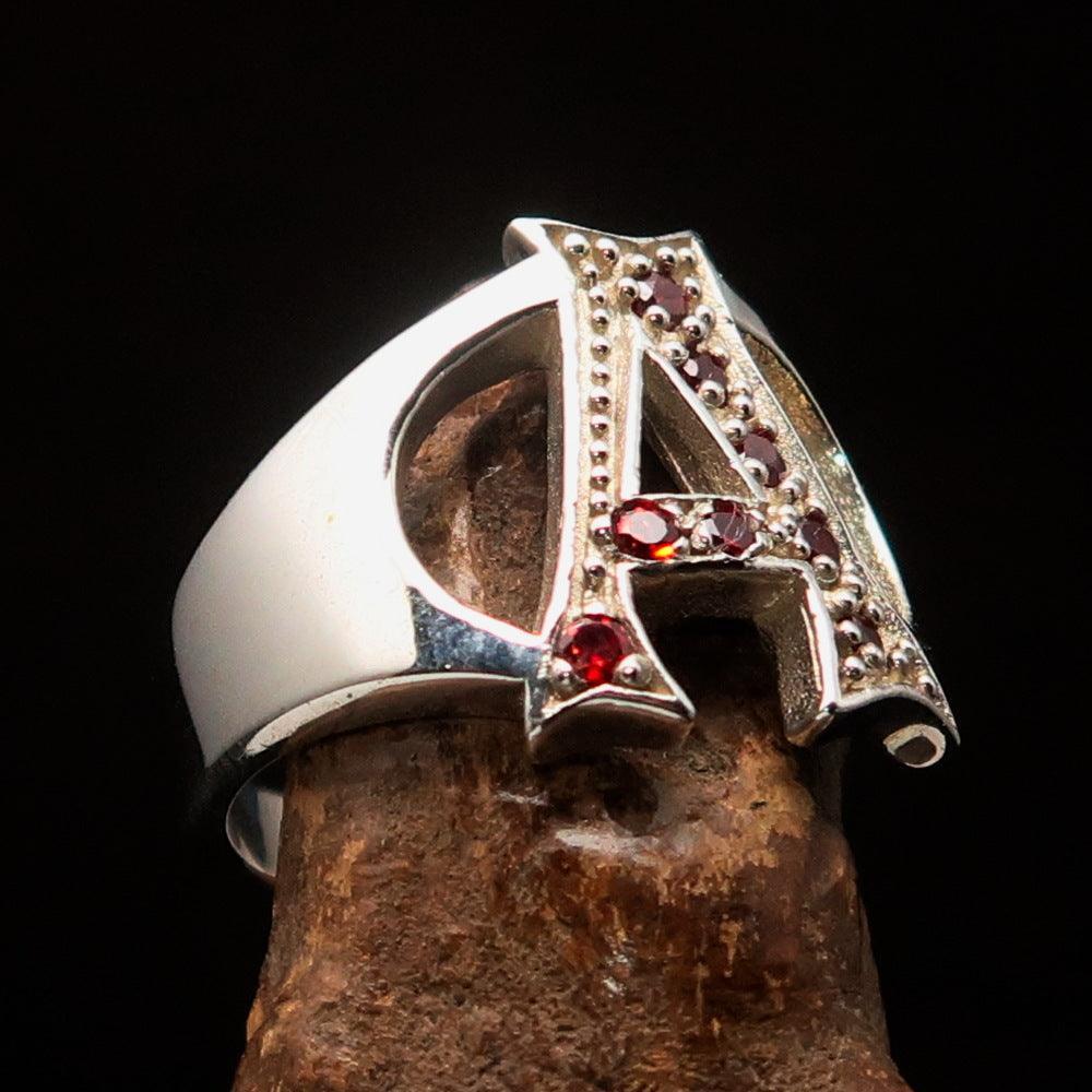 Excellent crafted Initial Ring Bold Letter A - 8 red CZ - Sterling Silver - BikeRing4u