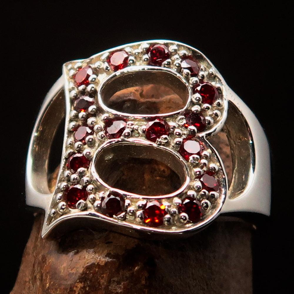 Excellent crafted Initial Ring Bold Letter B - 17 red CZ - Sterling Silver - BikeRing4u