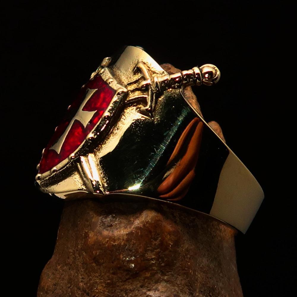 Crossed Swords Men's Knights Templar red Cross Ring - solid Brass - BikeRing4u