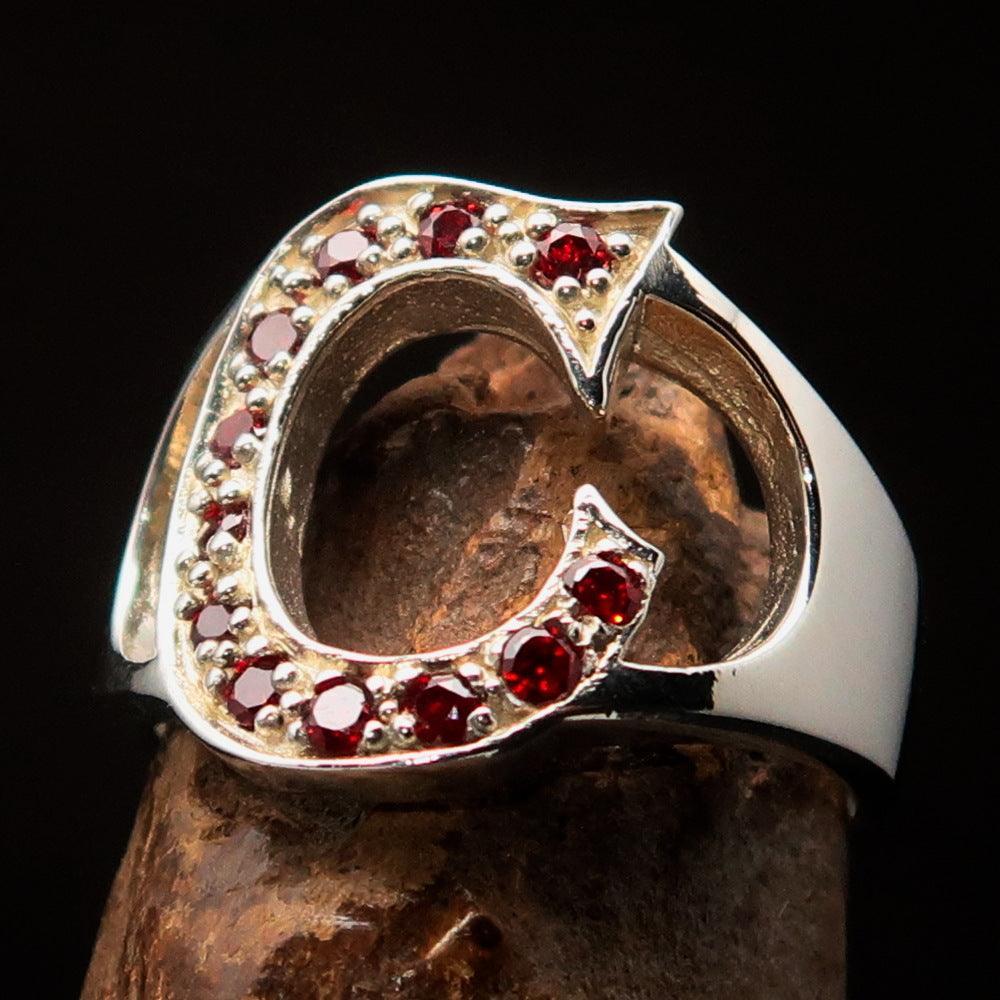 Excellent crafted Initial Ring Bold Letter C - 12 red CZ - Sterling Silver - BikeRing4u