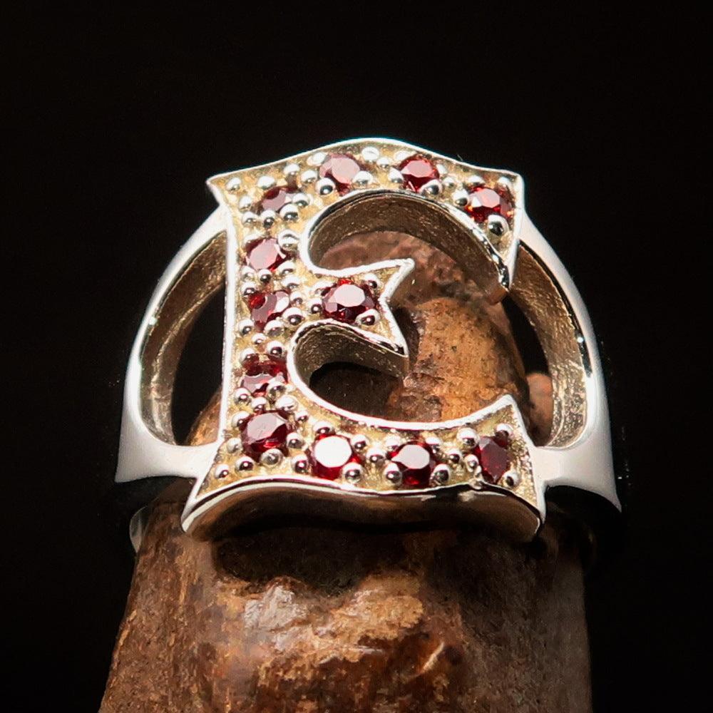 Excellent crafted Initial Ring Bold Letter E - 12 red CZ - Sterling Silver - BikeRing4u