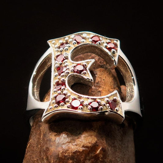 Excellent crafted Initial Ring Bold Letter E - 12 red CZ - Sterling Silver - BikeRing4u